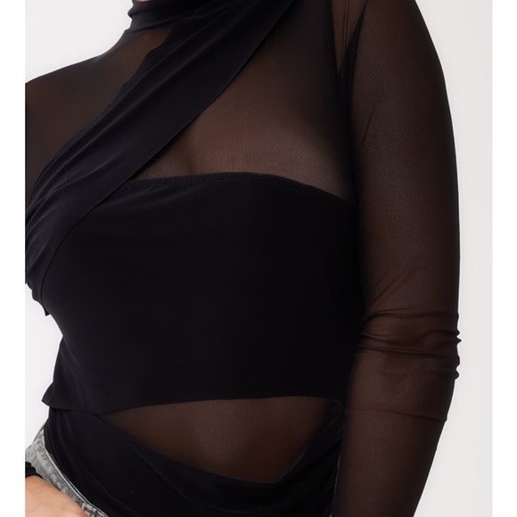 PLT: Black Mesh Drape Front High Neck Long Sleeve Bodysuit - Picture 3 of 5